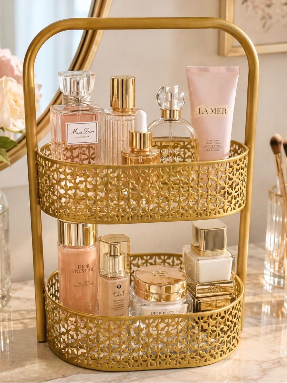 Willow & Riley Gold Two-Tier Elegant Metal Beauty Product Display